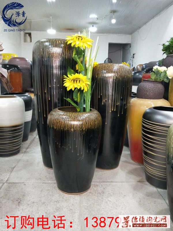 景德镇陶瓷三件套装花瓶 色釉罐子缸 手工拉坯东南亚家居软装饰品