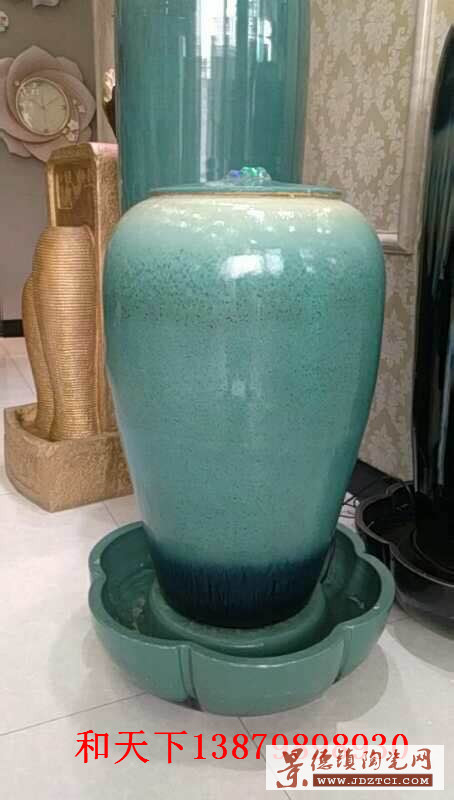 新中式古典创意室内落地陶瓷流水摆件花瓶喷水造型陶罐加湿器喷雾