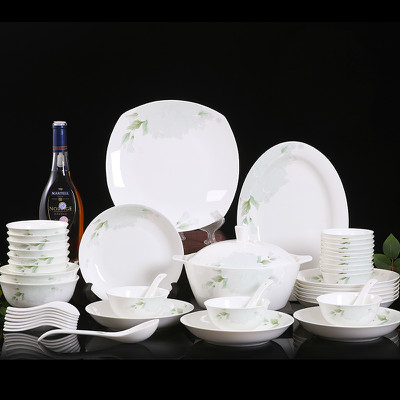 景德镇陶瓷餐具56头饭碗餐具套装绿相约碗盘碟
