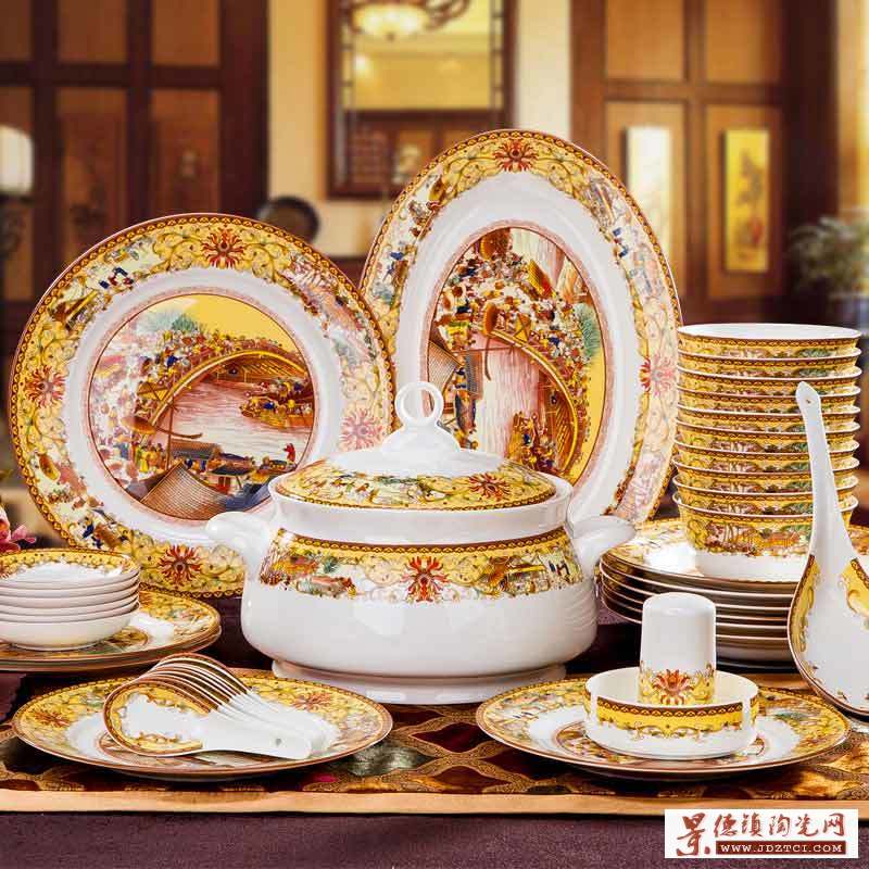 釉中彩清明上河图餐具 新中式景德镇骨瓷餐具礼品