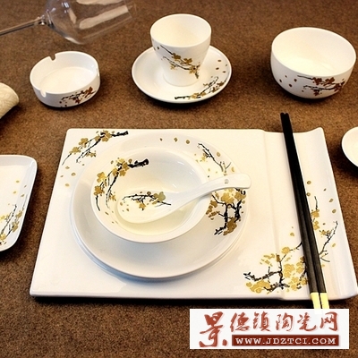 中餐主题宴会摆台餐具套装 台面描金梅花3-10件套陶瓷碗碟盘套装