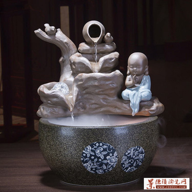 家居小型客厅流水电视柜摆件 陶瓷喷泉桌面加湿器创意生日礼物