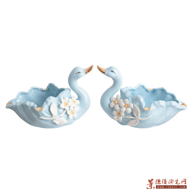 蓝粉欧式陶瓷天鹅烟灰缸家用时尚家居客厅创意茶几摆件装饰品摆设