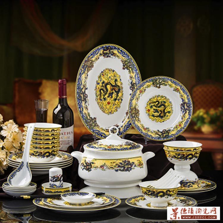 景德镇五彩龙56头陶瓷餐具套装 中式釉中彩骨质瓷碗碟盘组合