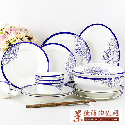 景德镇生产青花牡丹画面高温瓷陶瓷餐具套装 中式碗盘结婚送礼品