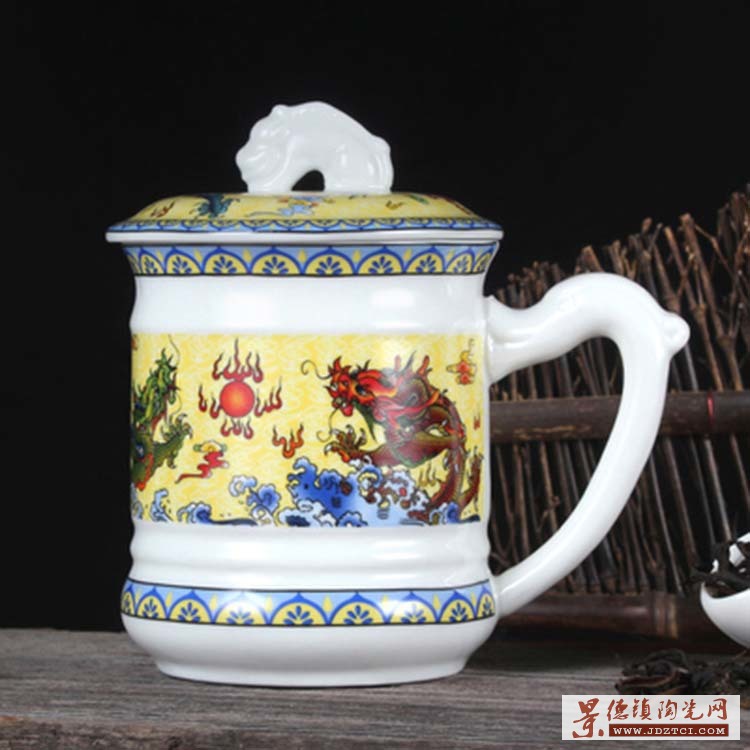 厂家定制陶瓷喝水杯办公杯 民族风藏式彩八宝杯 泡茶杯商务送礼品
