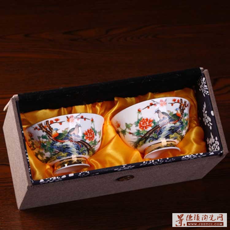 景德镇手工描金边陶瓷高脚寿碗 生日祝寿碗定制 粉彩牡丹花鸟纹碗