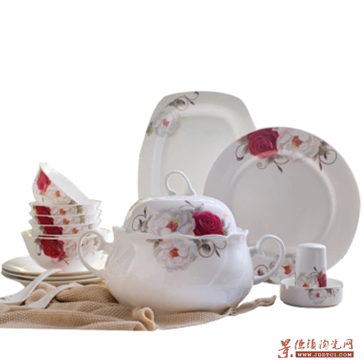 景德镇红色花卉骨瓷碗盘 欧式中式金边陶瓷餐具结婚商务定制礼品