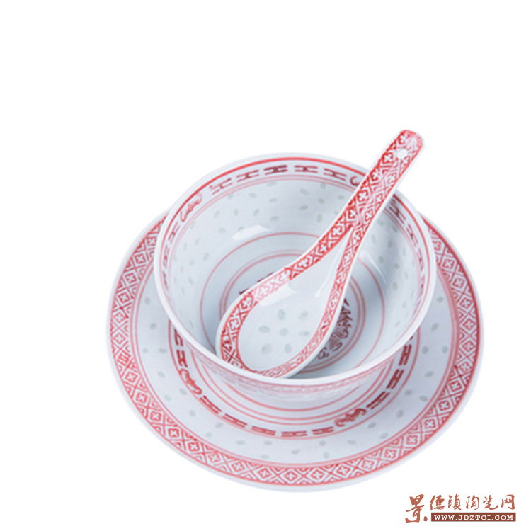 景德镇青花玲珑陶瓷碗餐具套装碗碟勺三件套