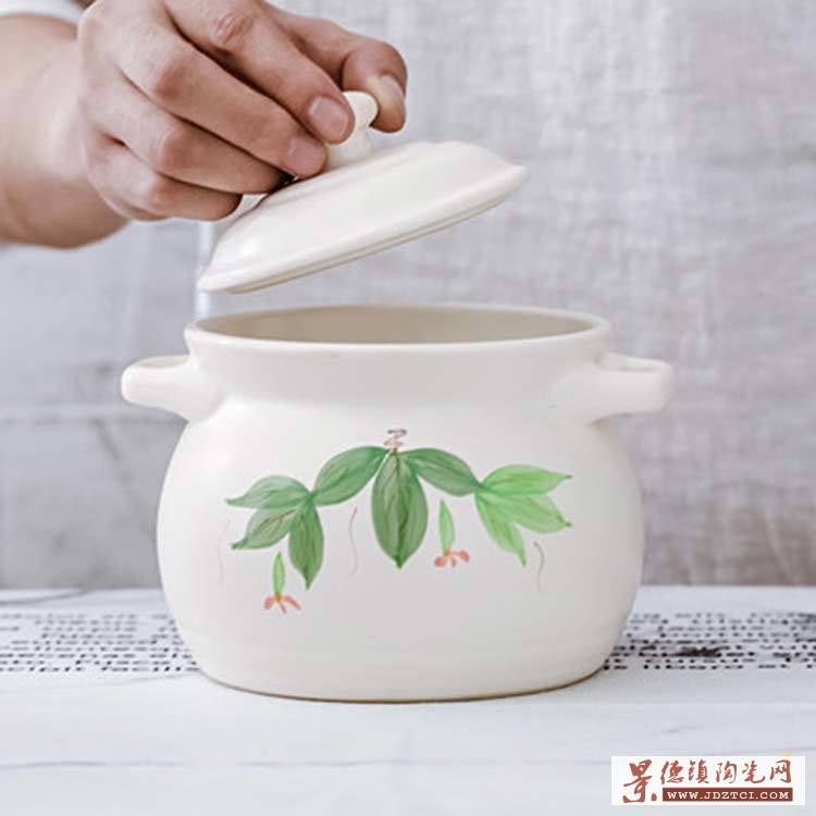 纯白色绿色叶子养生汤煲陶瓷炖锅