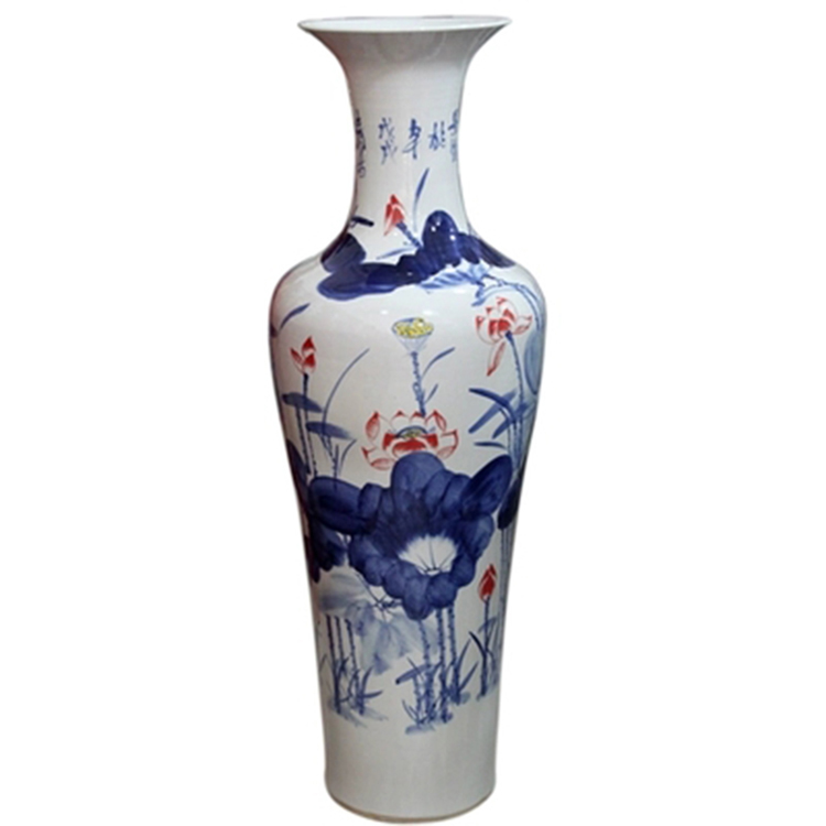 景德镇陶瓷器花瓶 手绘青花釉中彩荷花1.2米落地大花瓶客厅摆件