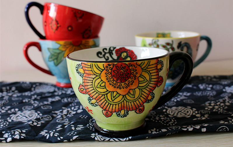 外贸出口系列 靓丽的民族色彩 基础款 花朵陶瓷马克杯 咖啡杯