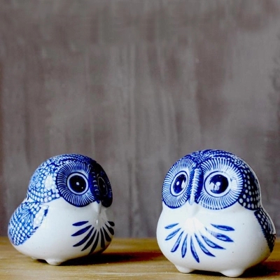 景德镇青花瓷陶瓷美式北欧可爱萌萌的家居摆设猫头鹰件中国风软装