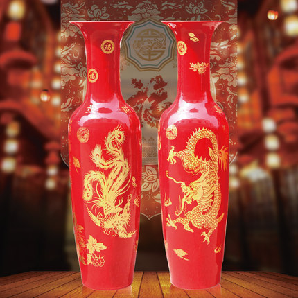 复古陶瓷落地大花瓶 仿古中国红婚庆婚房装饰瓶 客厅摆件酒店装饰花瓶