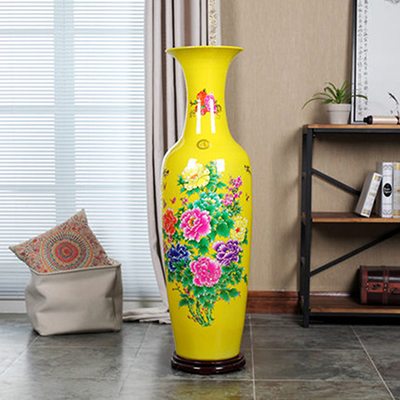 景德镇陶瓷器描金大花瓶 中国红花开富贵牡丹花瓶 中式客厅新房装饰