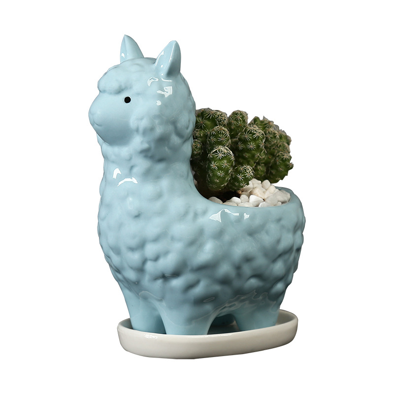 创意个性陶瓷多肉花盆 简约现代卡通装饰摆件 小动物羊造型带托花盆
