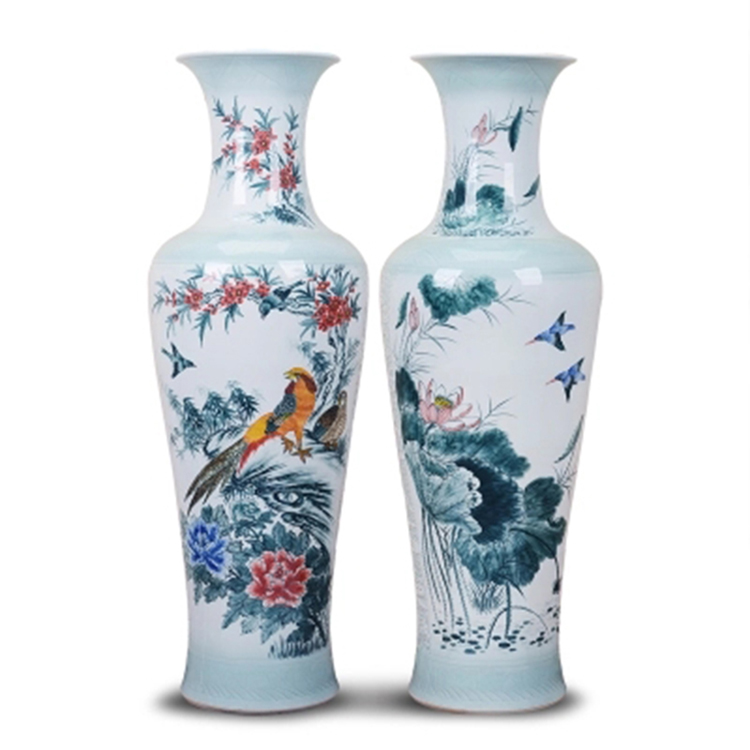 景德镇陶瓷器中式客厅落地大号手绘花瓶花鸟玄关摆件