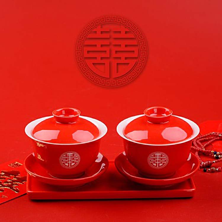 家用陶瓷敬茶杯盖碗 红色双喜三才盖碗 改口茶杯茶具定制