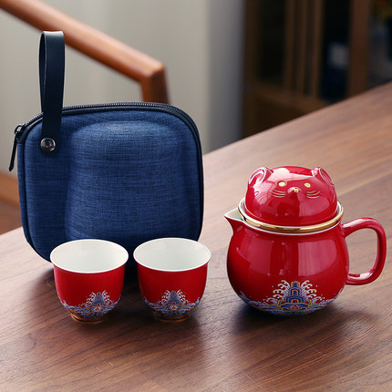 	 招财猫可爱陶瓷茶具 办公室一壶两杯茶具 创意旅行便携快客杯