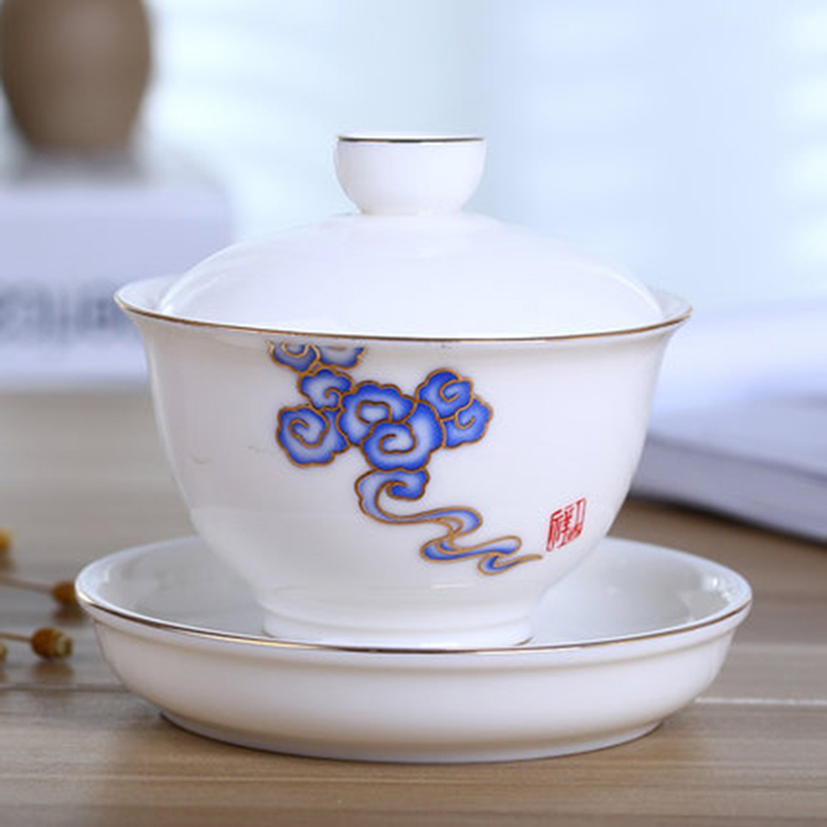 景德镇手绘青花盖碗 单个创意不烫手茶杯 家用陶瓷泡茶碗
