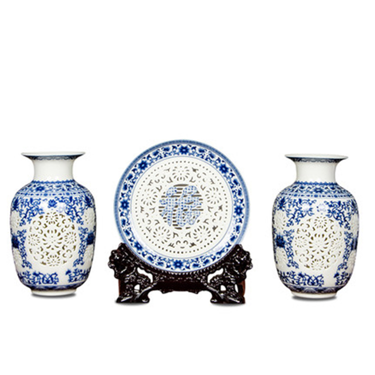 景德镇陶瓷器花瓶摆件镂空三件套 家用中式客厅插花装饰品摆件