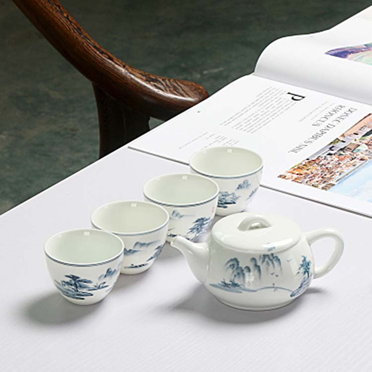 景德镇创意山水茶壶4杯 家用功夫茶具 旅行茶壶茶具礼品