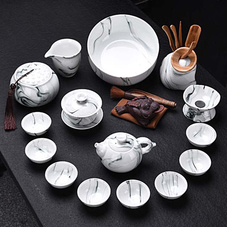 水墨禅意陶瓷功夫茶具套装 中式简约家用茶壶 仿古茶洗送礼