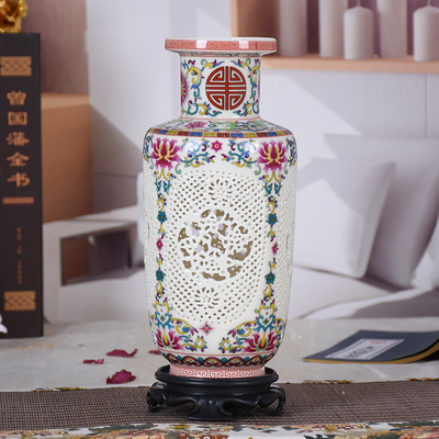 景德镇陶瓷花瓶 家用摆件客厅插花镂空小清新青花粉彩瓶