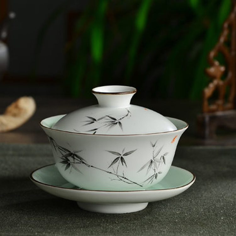 中式功夫茶具陶瓷盖碗 景德镇青瓷粉青盖碗 三才碗功夫小茶碗