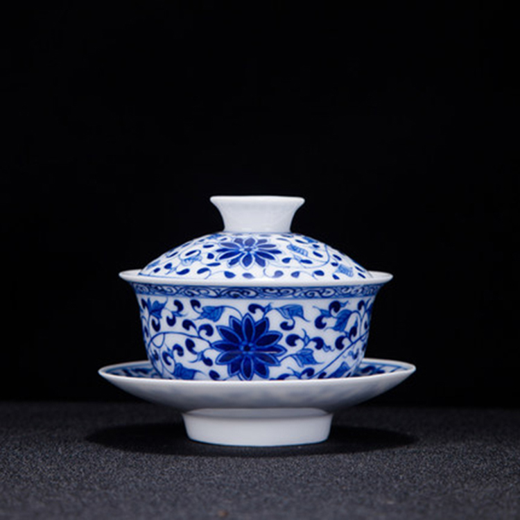 景德镇青花瓷盖碗 陶瓷茶具三才碗 家用敬茶复古功夫泡茶杯