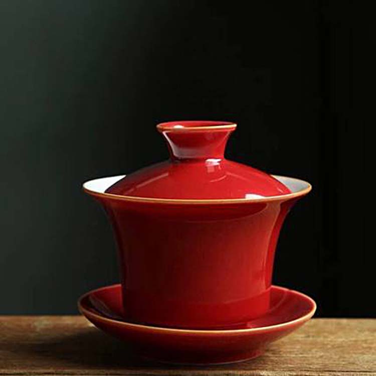 中式仿古霁红盖碗茶具 陶瓷功夫茶具 结婚红敬茶碗三才盖碗茶杯