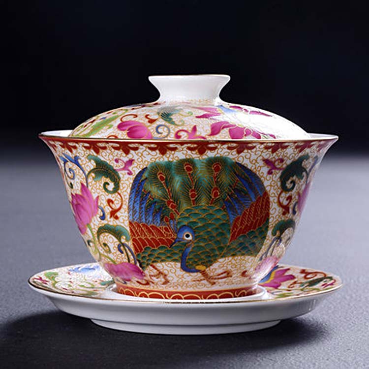 珐琅彩创意盖碗茶杯 陶瓷茶碗 家用陶瓷结婚庆泡茶茶具