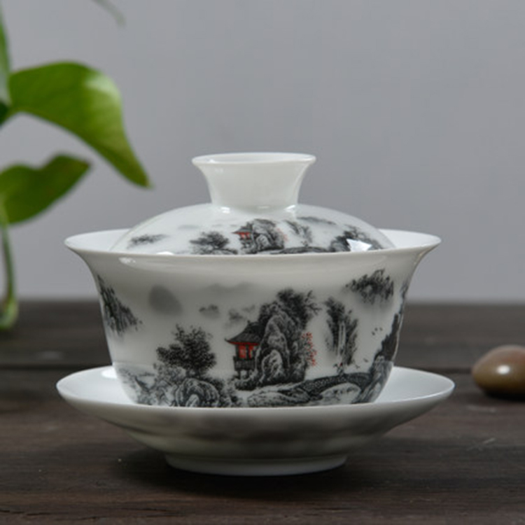 青花瓷盖碗茶杯