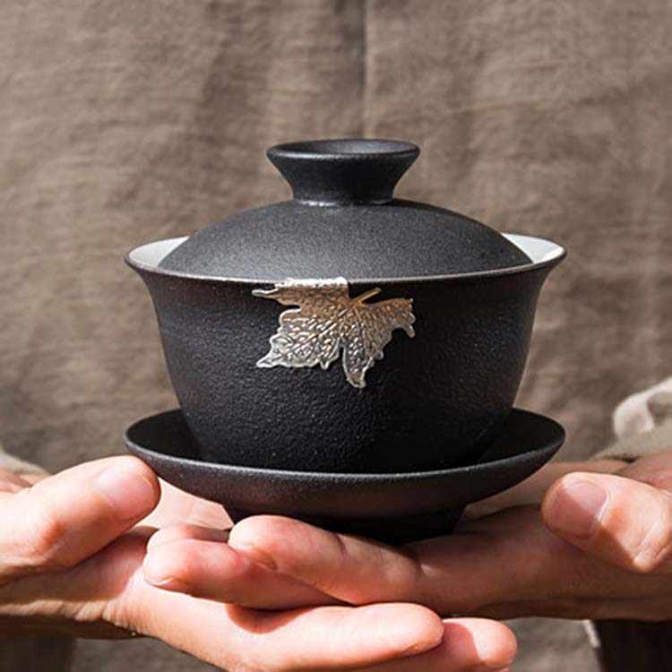黑色陶瓷盖碗套装 陶瓷家用功夫茶具茶杯 简约茶盘茶具