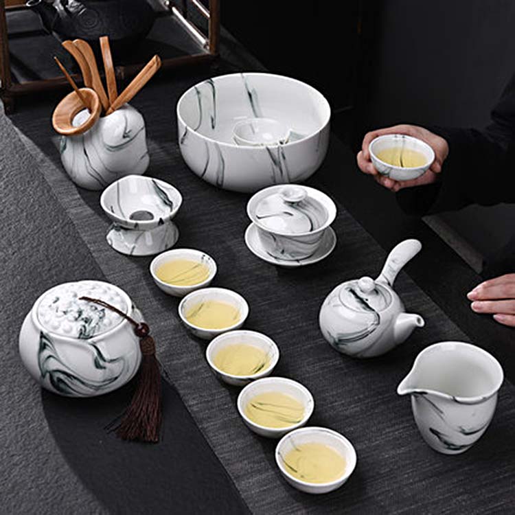 家用简约功夫茶具套装 手绘茶壶家用盖碗 水墨白瓷青花瓷整套