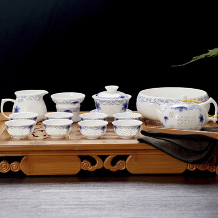 景德镇青花陶瓷功夫茶具套装 粉彩盖碗茶壶 家用办公室茶具礼品