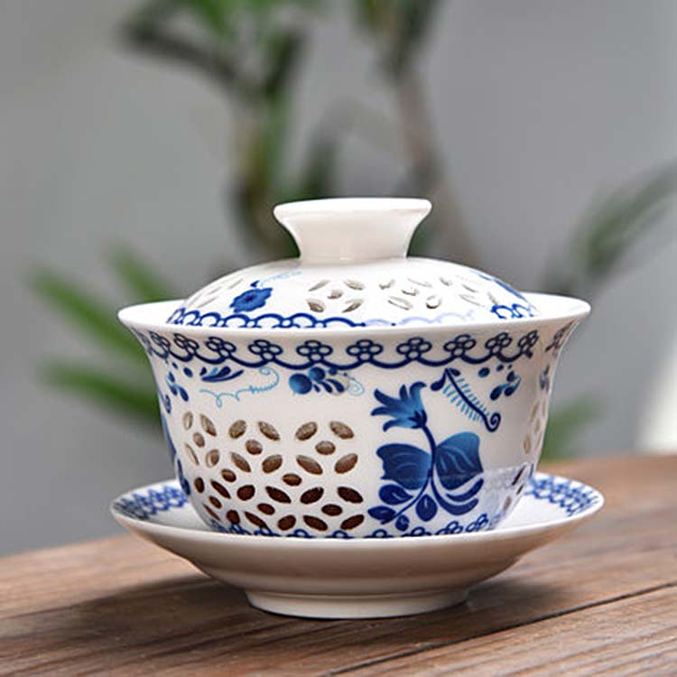 中式盖碗茶杯茶碗 大号玲珑镂空青花瓷泡茶碗陶瓷白瓷手抓壶