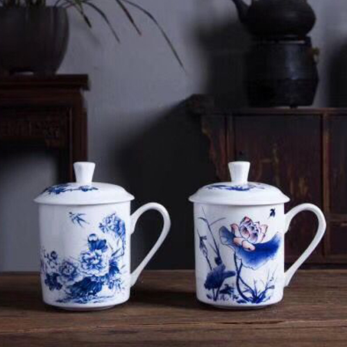 景德镇陶瓷茶杯带盖子 骨瓷水杯套装 办公杯子大容量将军杯