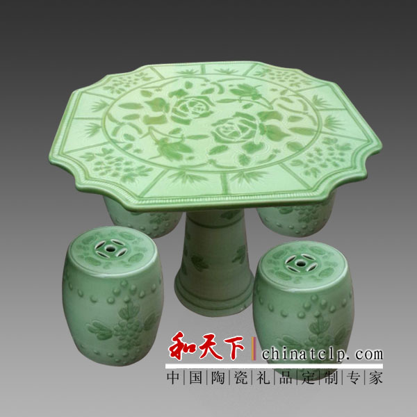 景德镇陶瓷园林方形石桌石凳子仿古桌凳器绿色釉厂家直销