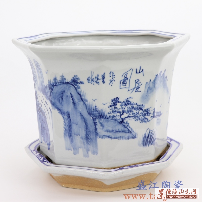 RZQM04-A 景德镇陶瓷 手绘青花山水中式六方花盆