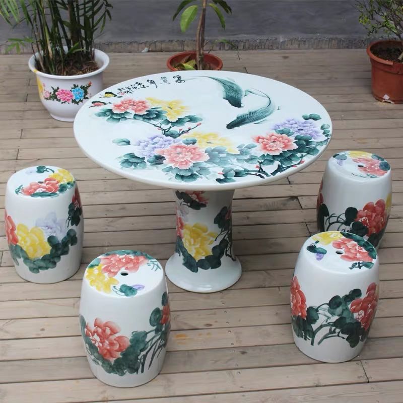 彩色釉90公分圆桌陶瓷桌凳套装一桌四凳花园摆件工艺品