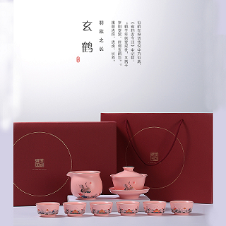中国风文创陶瓷礼品定做 玄鹤粉红釉盖碗套装批发