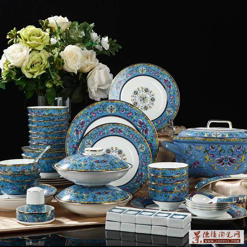 中式珐琅彩描金陶瓷餐具，高档欧式宫廷风陶瓷餐具套装带明火煲