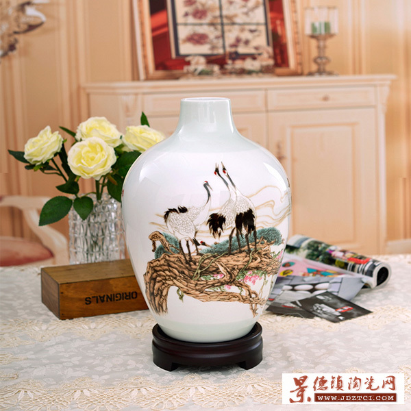 景德镇陶瓷花瓶摆件工艺品客厅摆设 徐庆庚松鹤长春明清古典