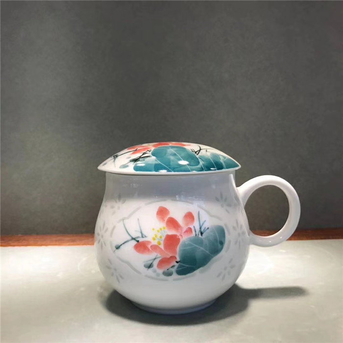 景德镇手绘陶瓷杯子粉彩玲珑茶杯过滤杯茶水分离泡茶杯带盖办公杯