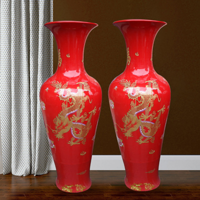 景德镇手绘新中式干中国红陶瓷花瓶摆件客厅插花玄关装饰工艺品