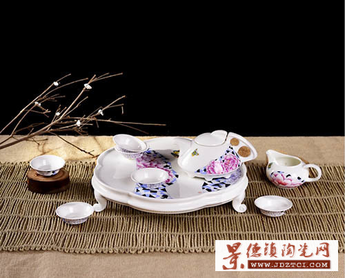 景德镇陶瓷茶具9头蝴蝶牡丹花个性泡茶女士适用功夫茶盘套装