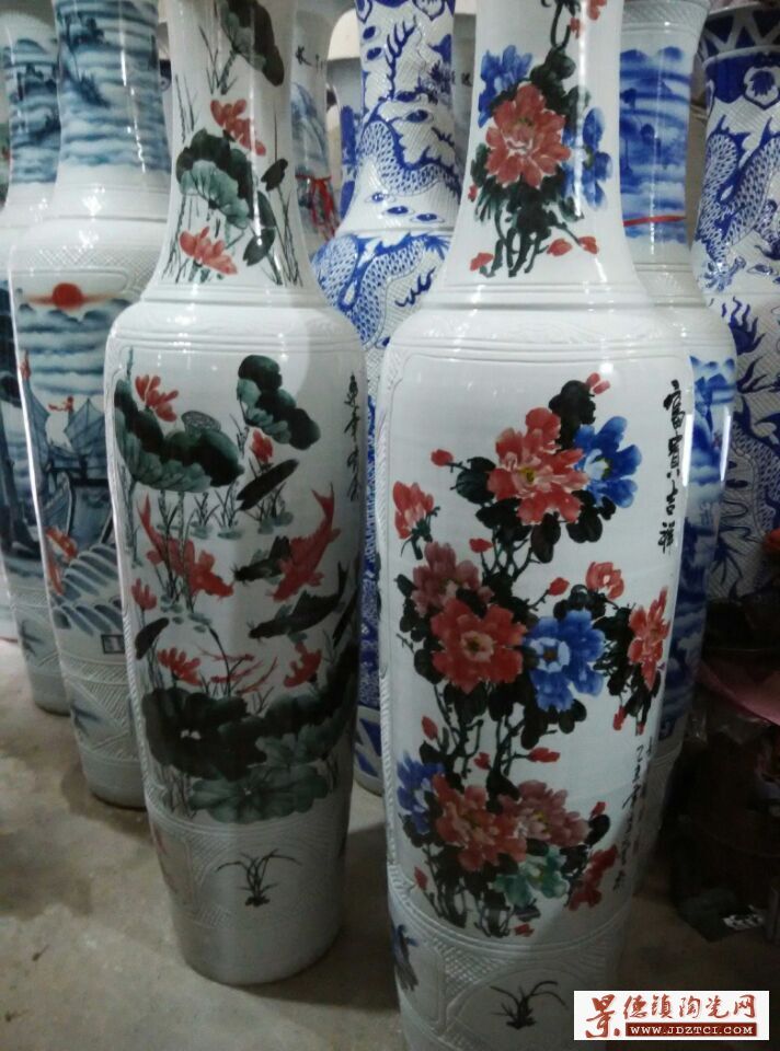 景德镇陶瓷 落地大花瓶 连年有余 墨彩 1.8米