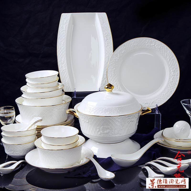 景德镇陶瓷餐具生产厂家，高档纯白描金骨瓷餐具加字