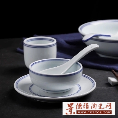 简约中式双线蓝边碗 家用骨瓷碗碟套装 酒店餐具摆台可印logo